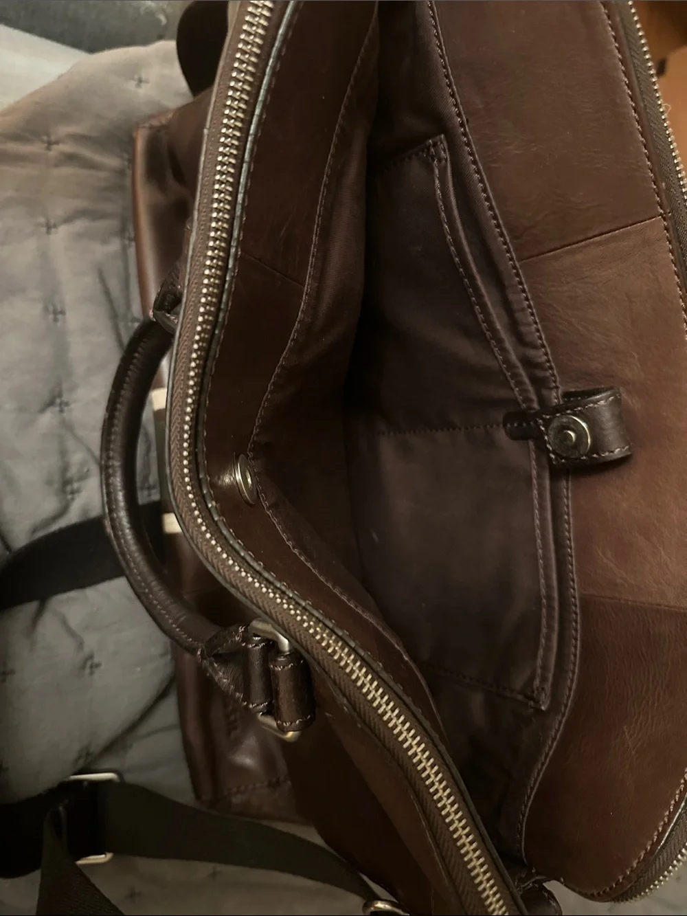Fossil Brown Leather Briefcase with Green and Cream Center Stripe